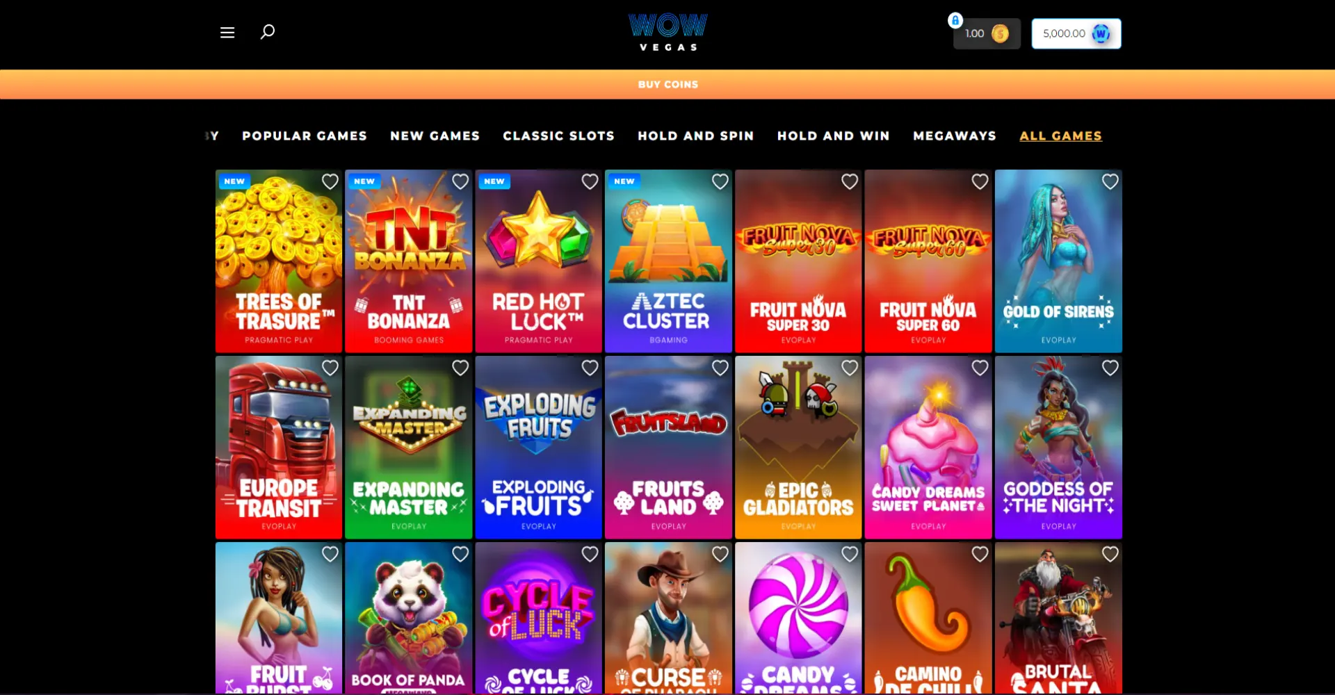 Screenshot of wow vegas landing page