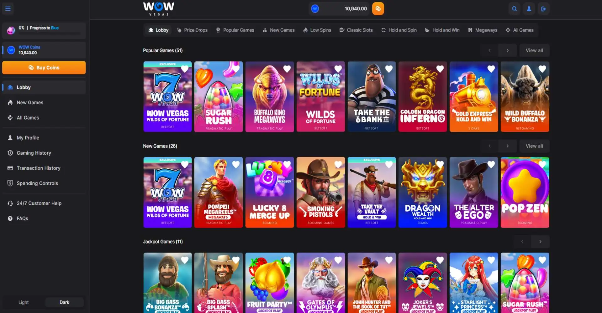 Screenshot of WOW vegas landing page