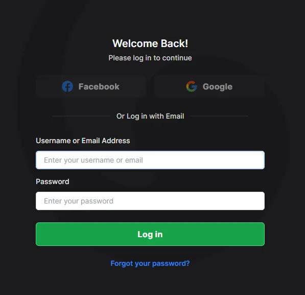 A screenshot of WOW Vegas casino login field