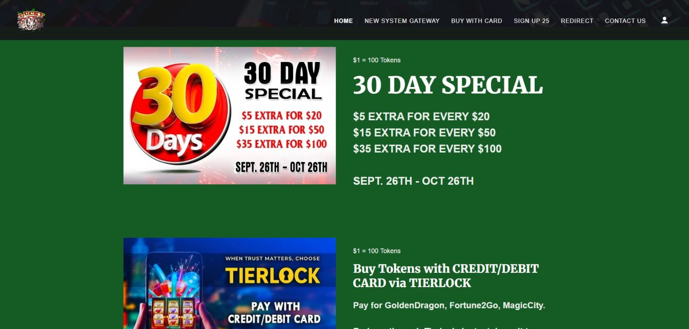 A screenshot of Lucky 777 Sweepstakes Casino's bonuses