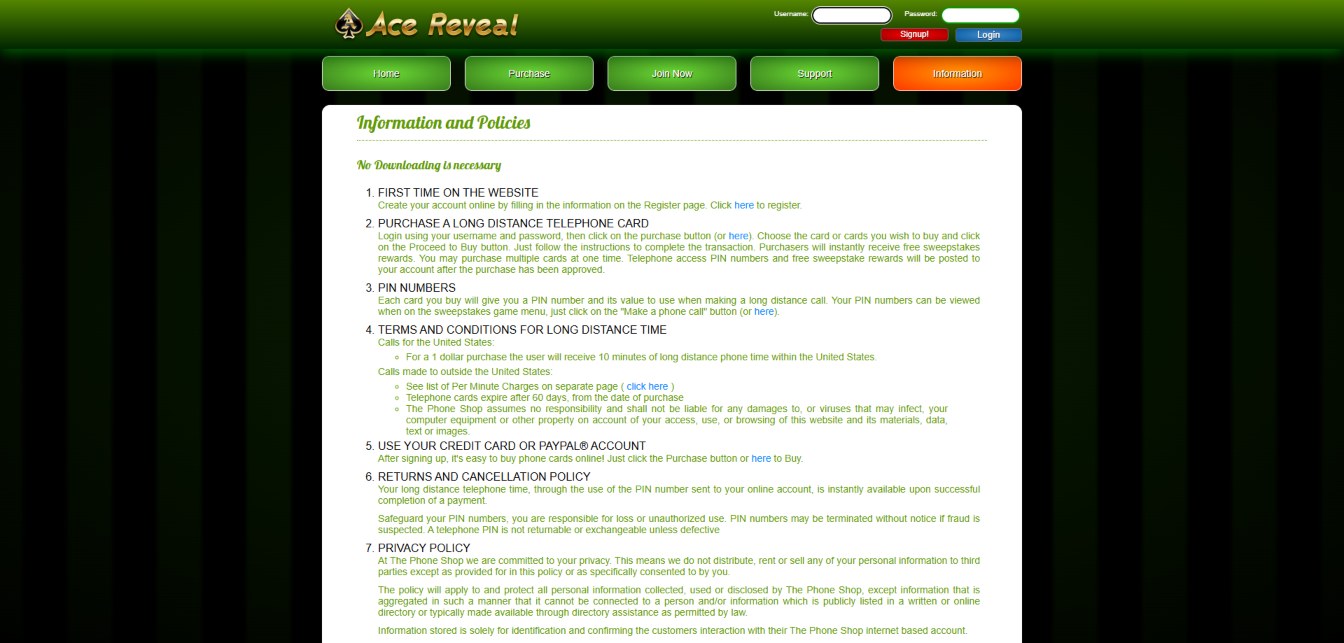 A screenshot of Ace Reveal's policies