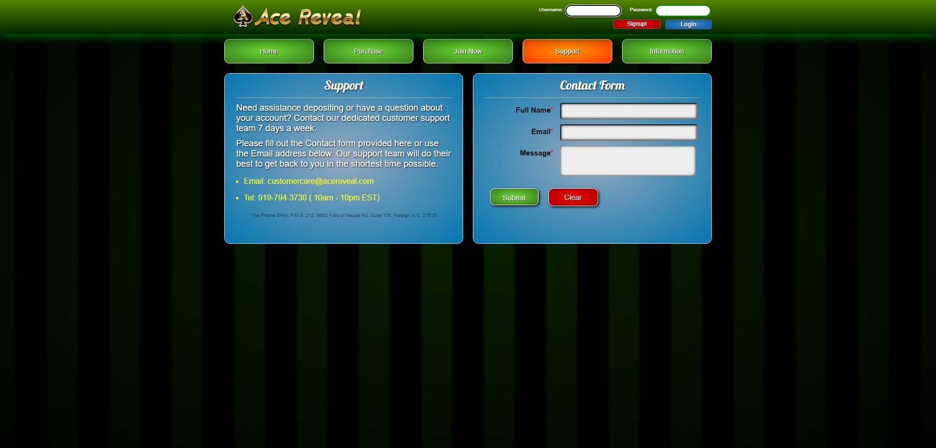 A screenshot of Ace Reveal's support form