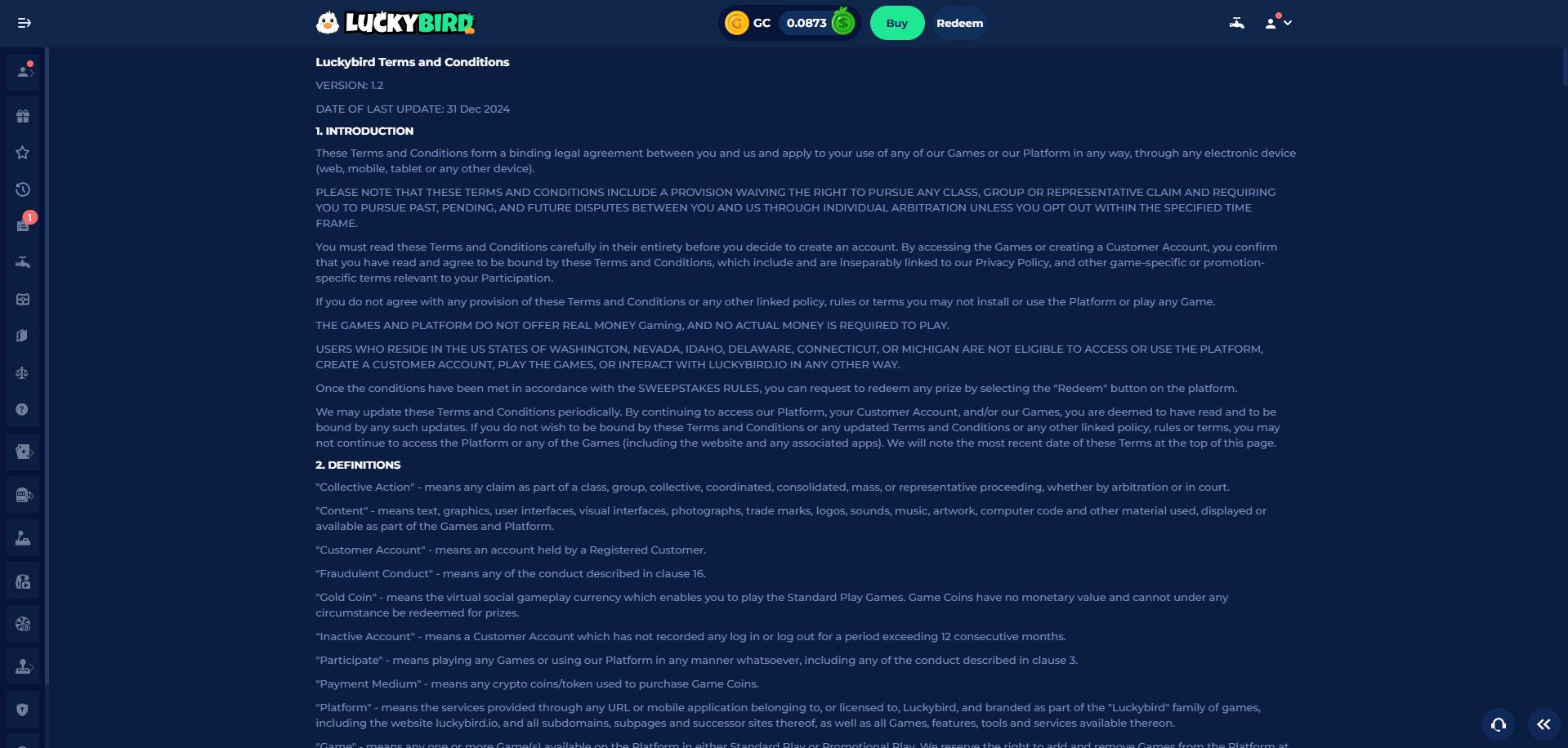A screenshot of Luckybird.io's terms of services