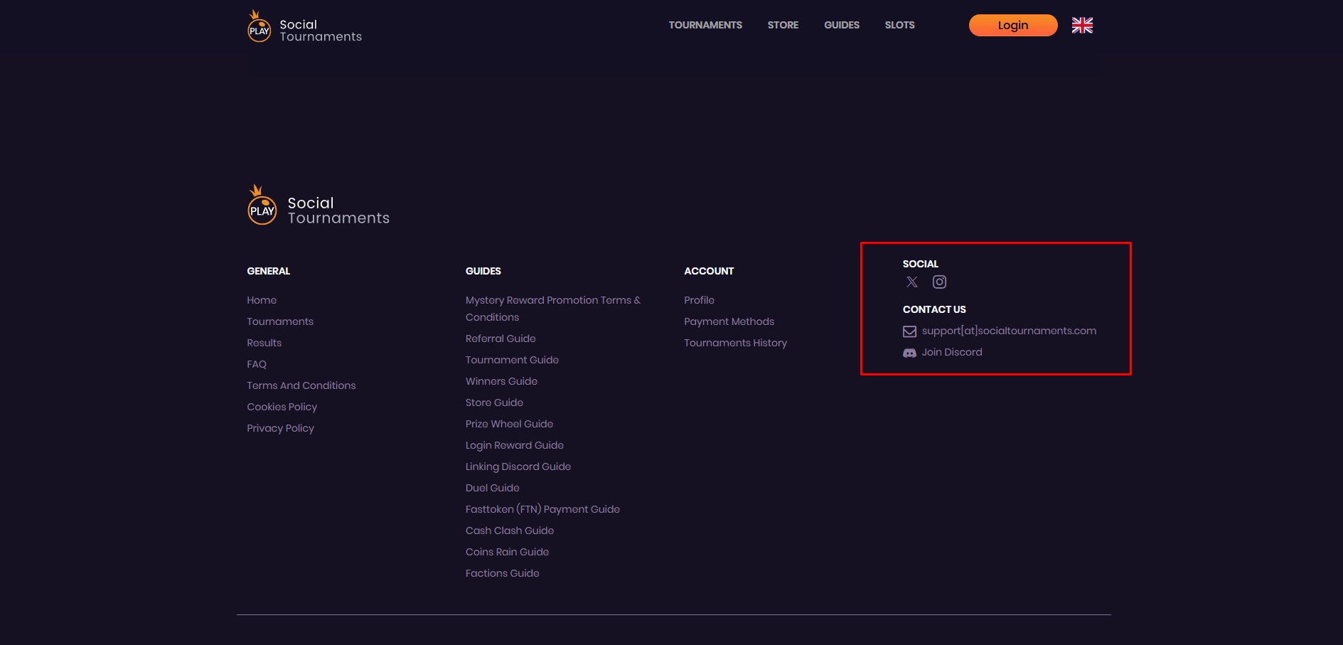 A screenshot of Social Tournaments' customer support
