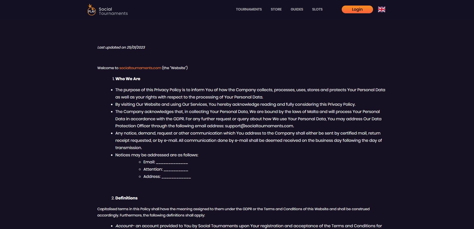 A screenshot of Social Tournaments' privacy policy