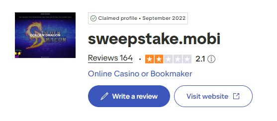 Sweepstake.mobi Trustpilot profile showing 2.1 rating and 164 reviews