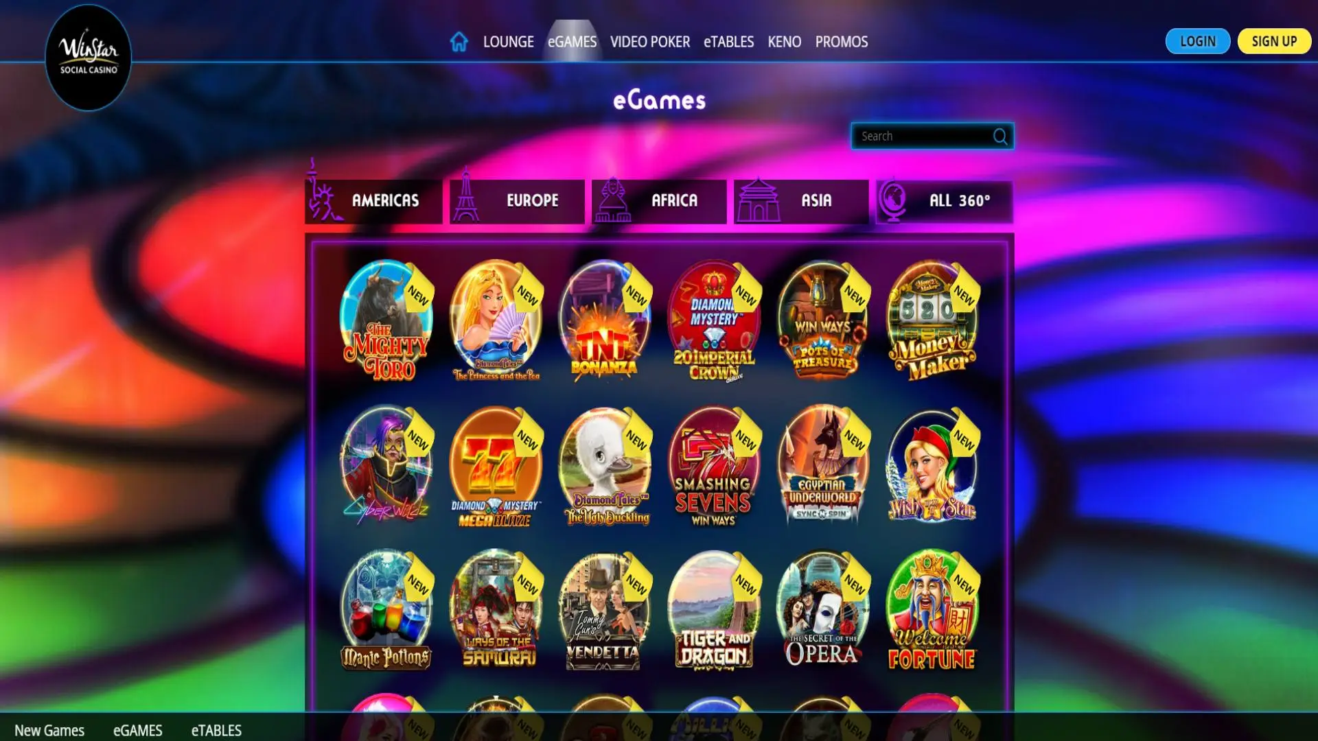 Screenshot of winstar social casino landing page