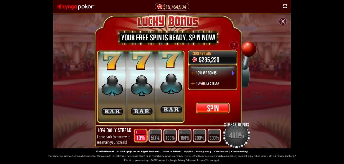 Screenshot of Zynga Poker's free spin bonus