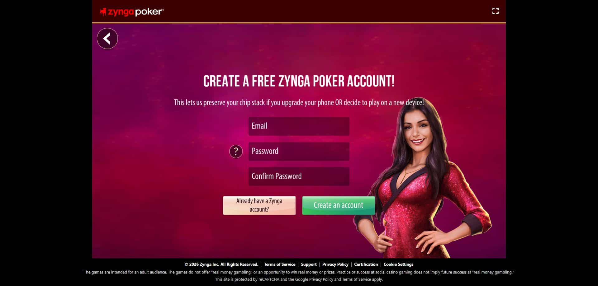 Screenshot of Zynga Poker's registration field