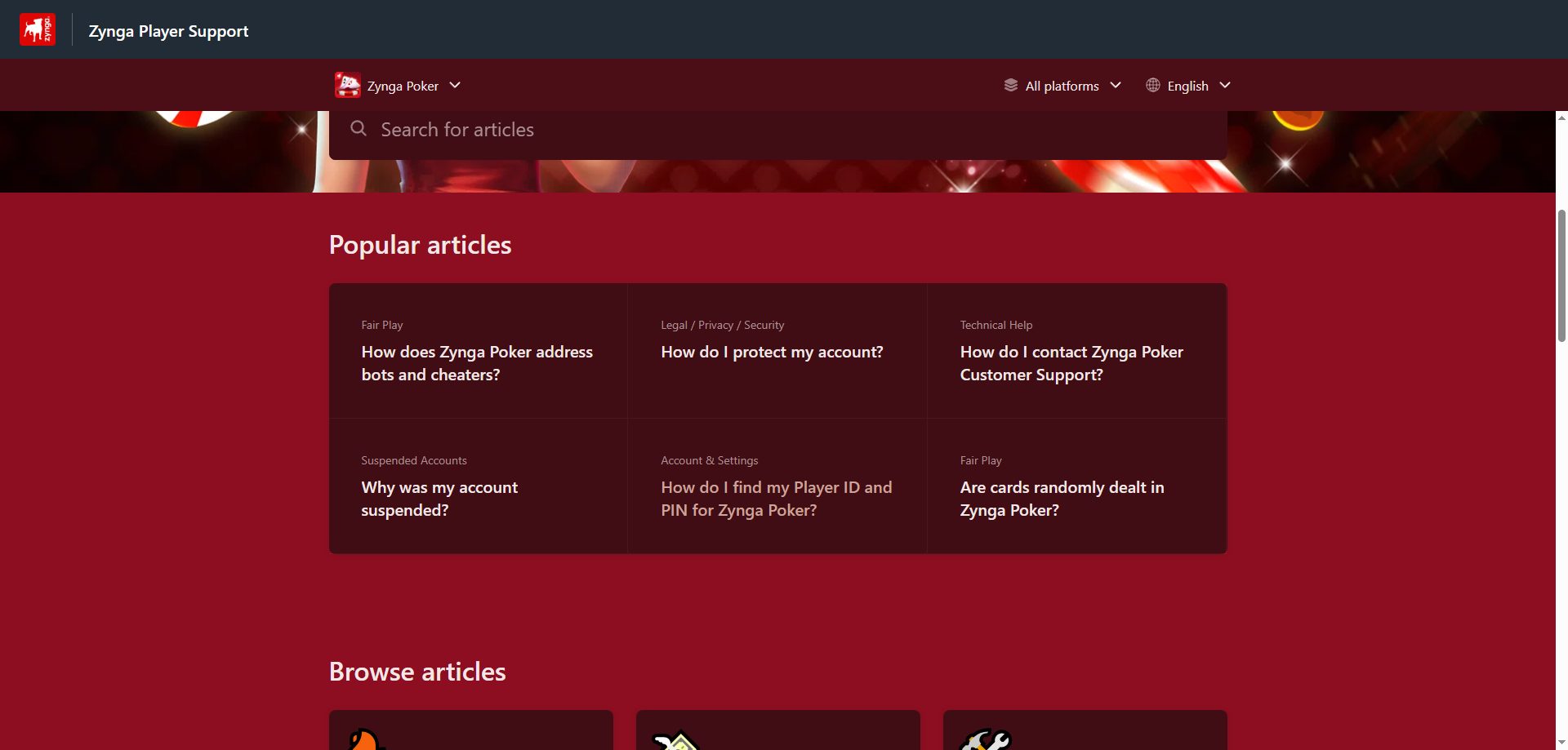 Screenshot of Zynga Poker's customer support