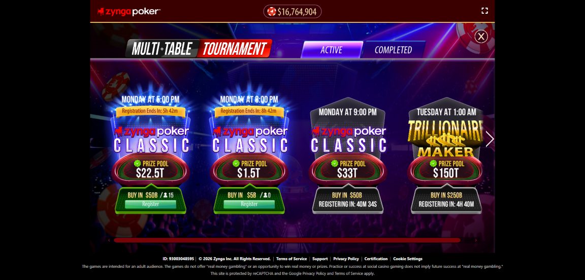 Screenshot of Zynga Poker's tournaments