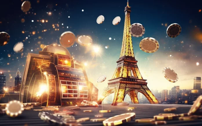 A colorful representation of eiffel tower with casino chips falling down.