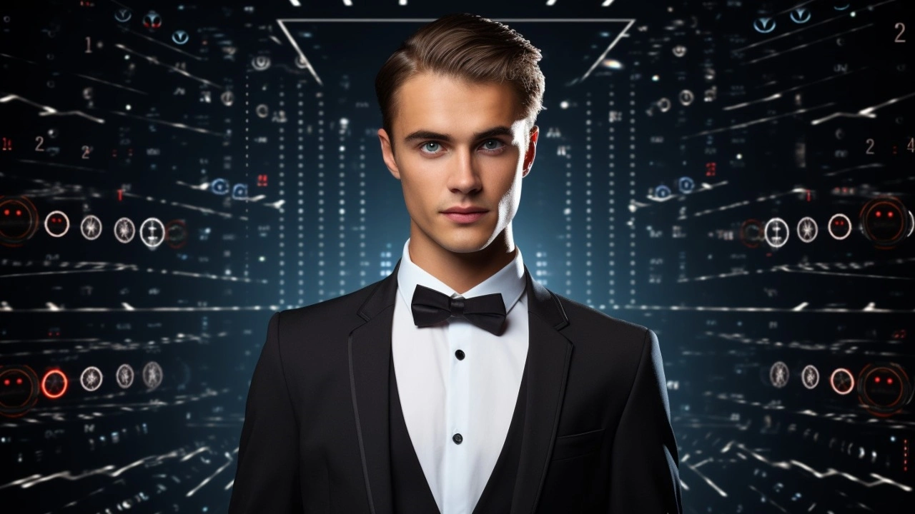 An image of a man in a formal suit on a dark futuristic background.