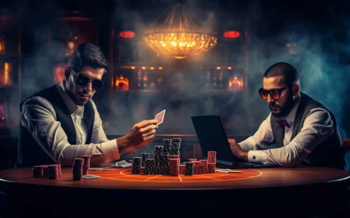 An image of two men sitting at a casino table with a smoke in background.