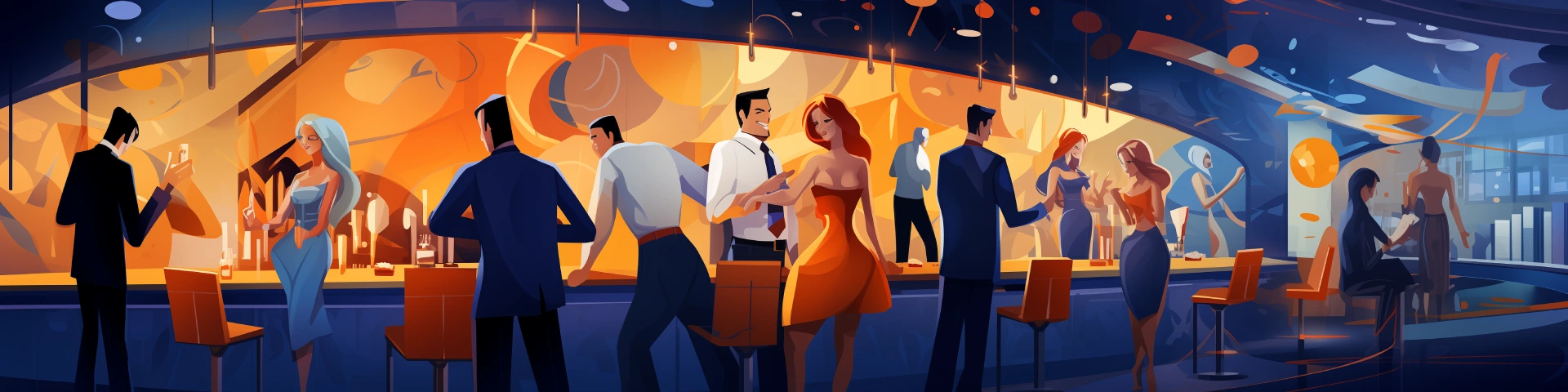 People socializing in a casino drawn in cartoon style