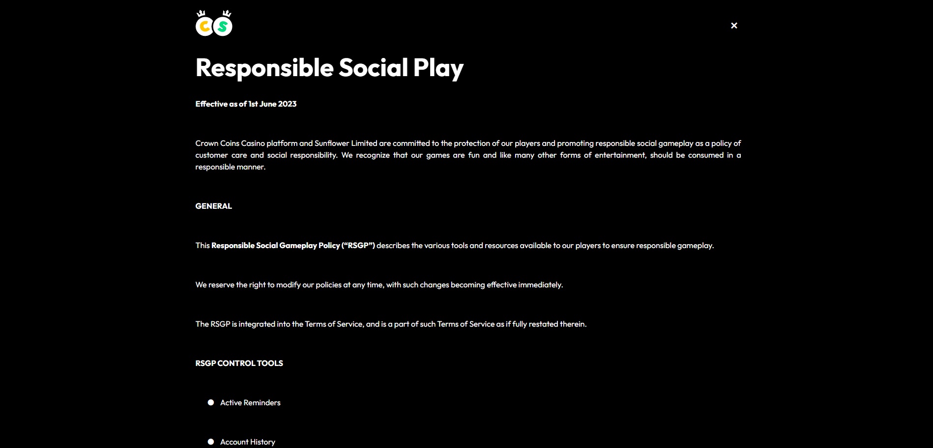 A screenshot of Crown Coins Casino's responsible social play