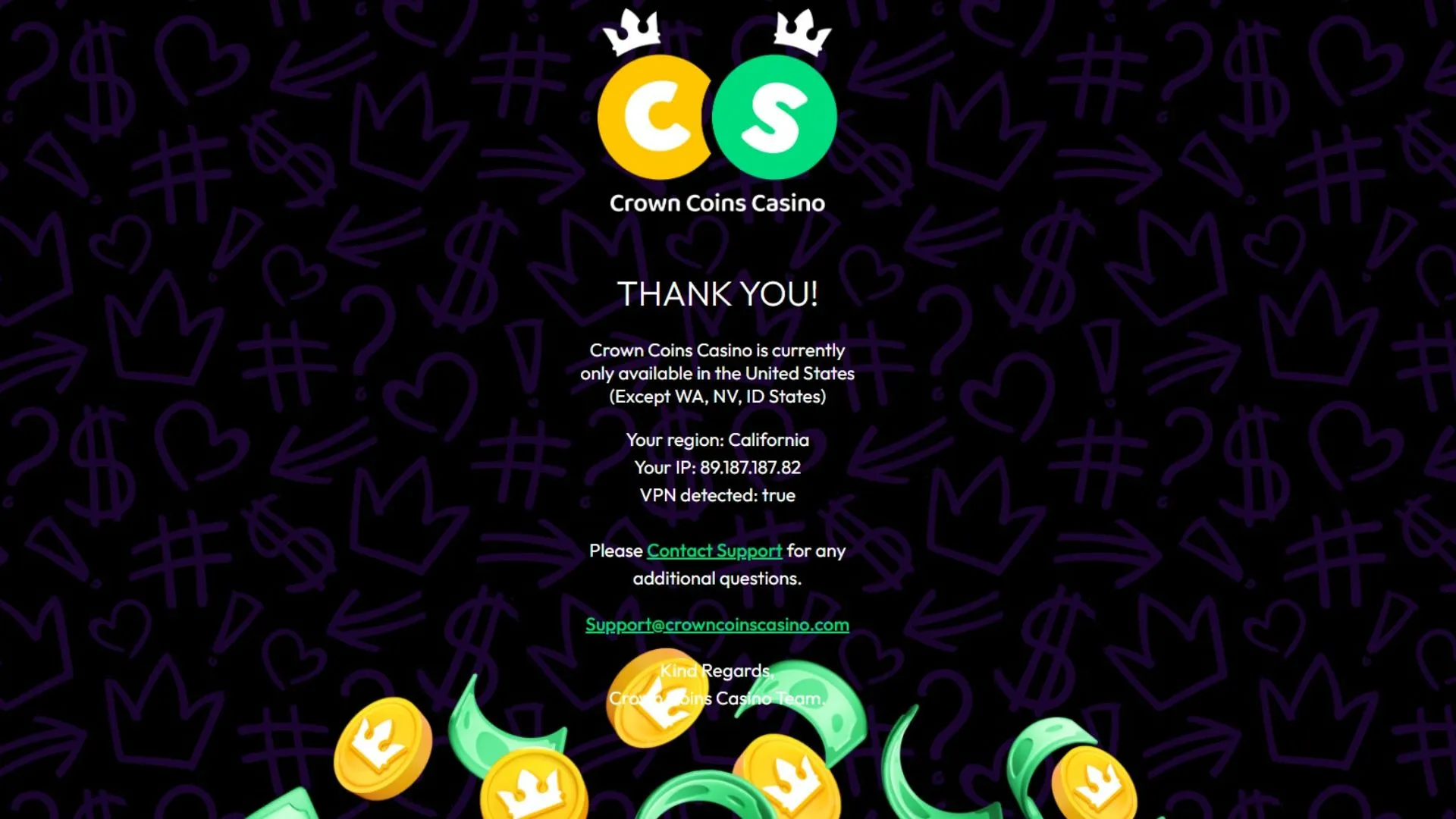 Screenshot of Crown Coins landing page.