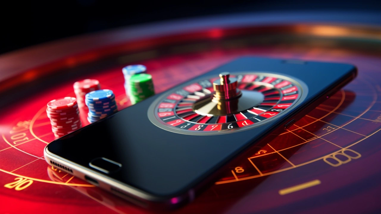 An image of roulette inside a mobile phone with casino chips on the side