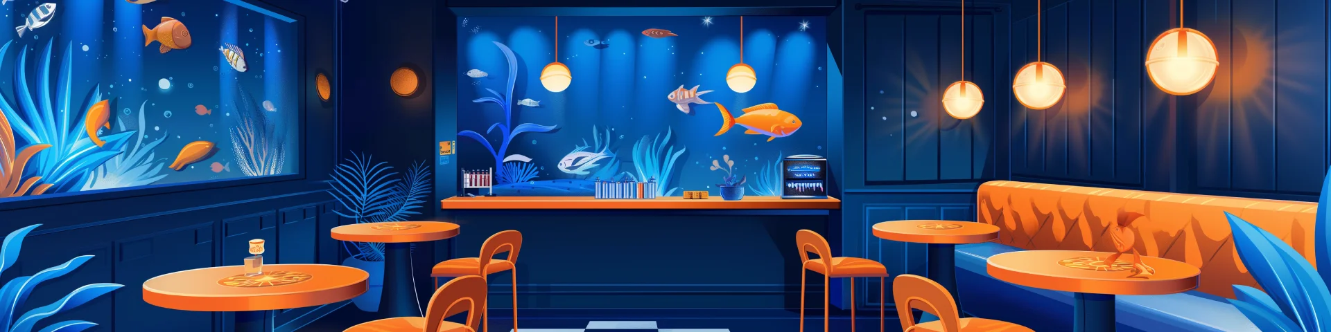 Banner showing a couple of tables and aquariums with fish