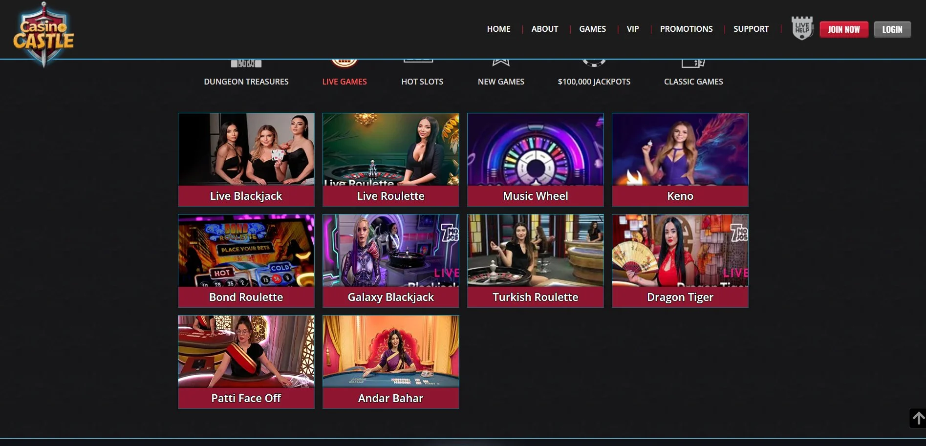 Screenshot of CasinoCastle live games.