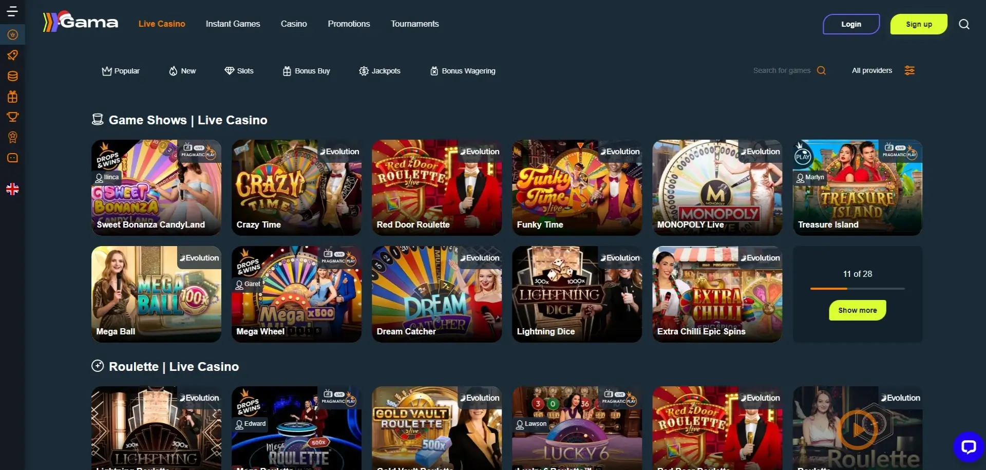 Screenshot of live games on Gama Casino