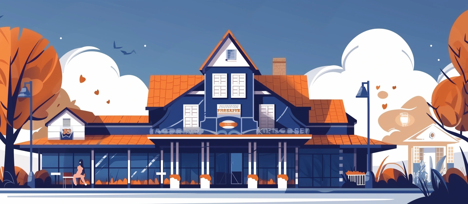 Blue, orange and white painting of a Alabama house