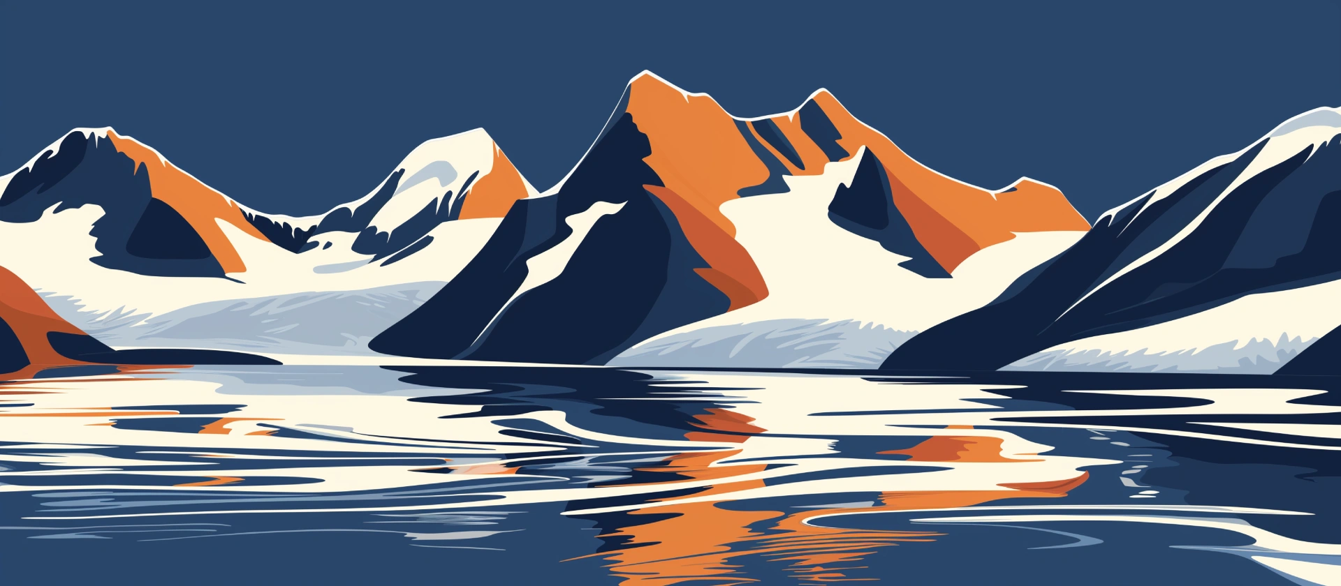 Alaskan landscape in dark blue, orange and white colors