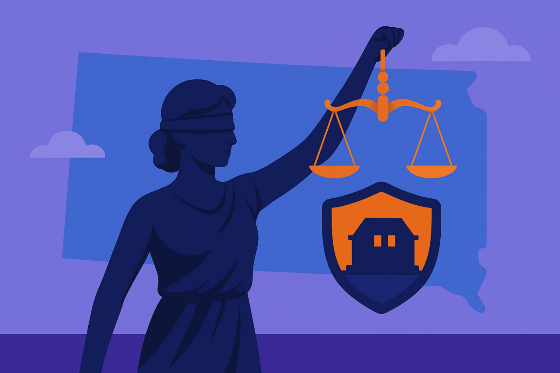 Illustration of Lady Justice holding balanced scales in front of the South Dakota state silhouette, symbolizing sweepstakes casino legality and regulations in South Dakota.