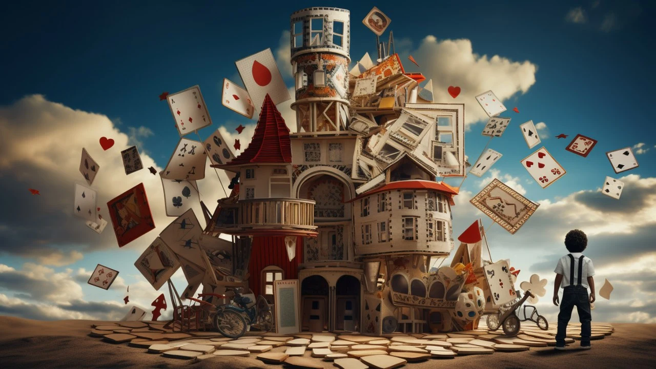 An illustration of a man beside a castle full of flying cards.