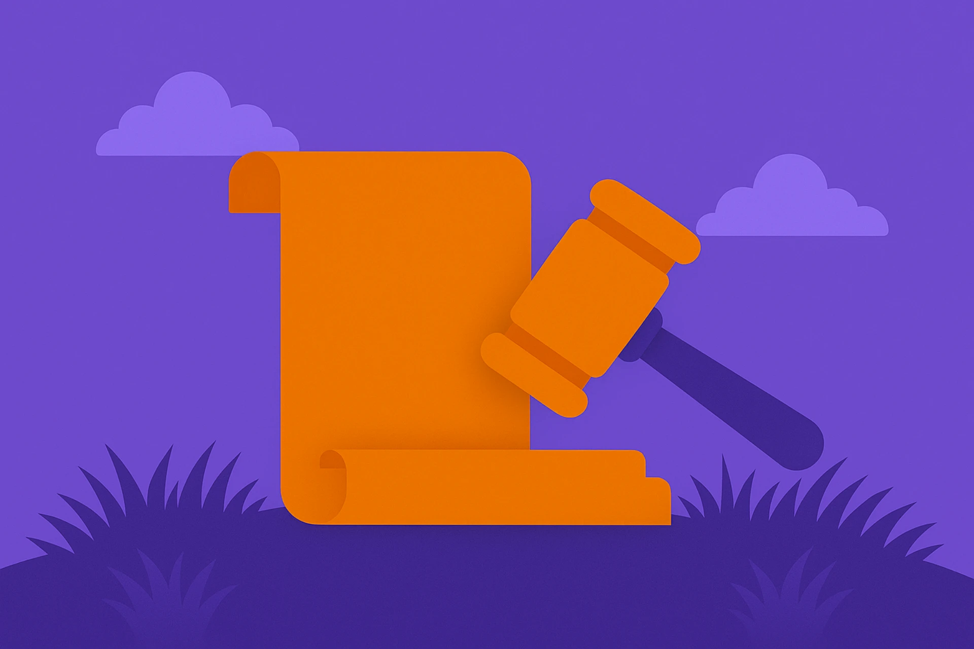 Illustration of an orange legal scroll and judge’s gavel set in purple grass under a cloudy sky, symbolizing sweepstakes casino rules and compliance.