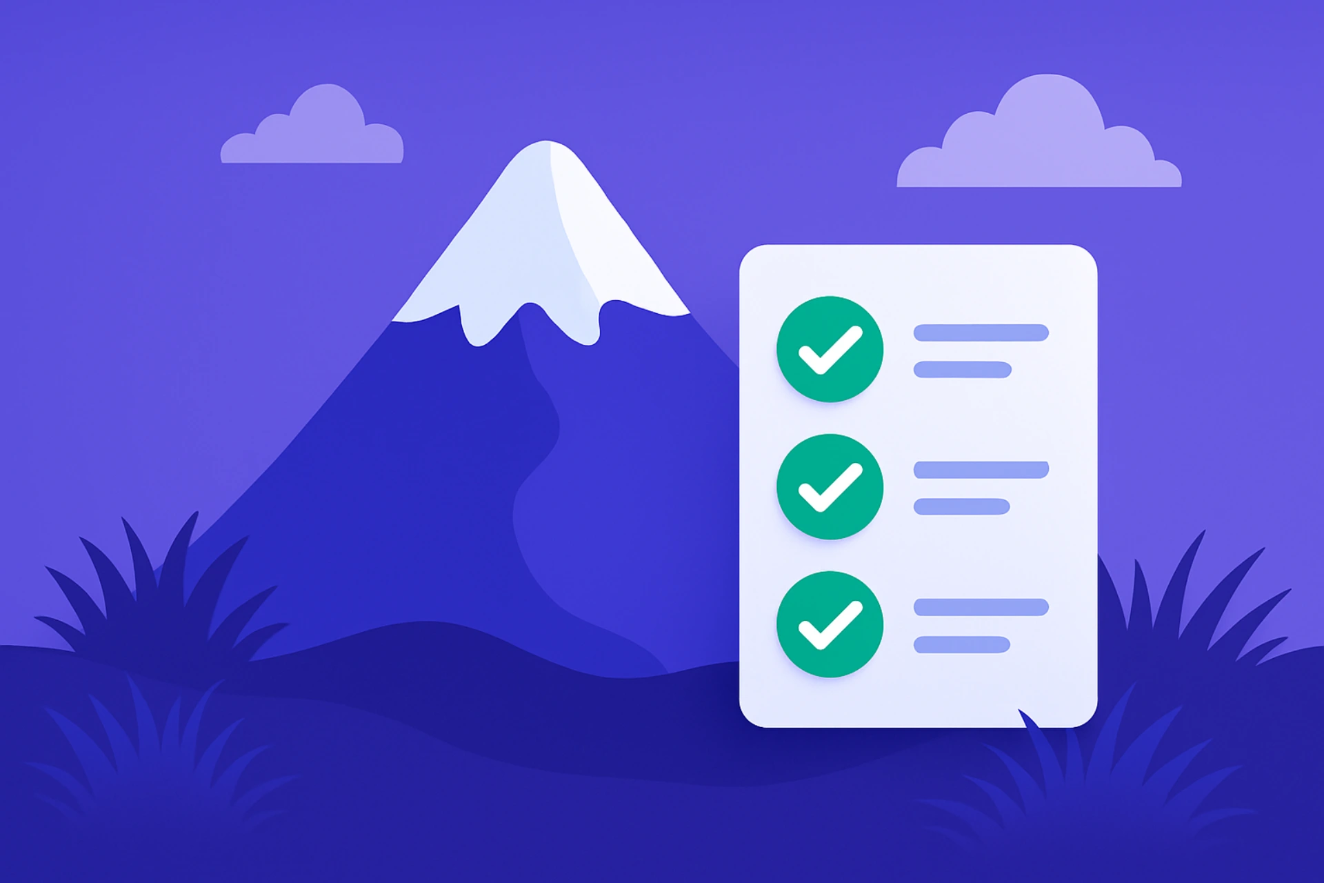 Purple 3D-style scene showing a snow-capped peak beside a checklist with green checkmarks, representing GA sweepstakes casinos staying compliant and safe for players.