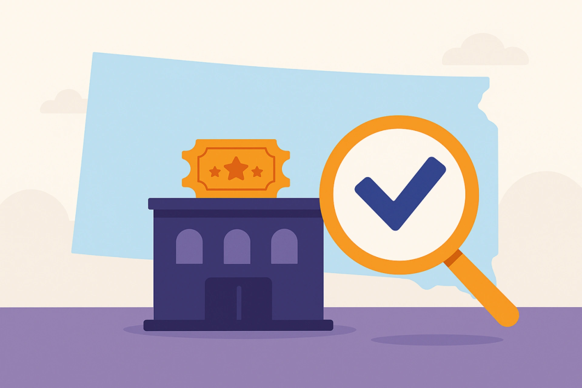 Illustration of a verified sweepstakes casino building with a ticket icon and magnifying glass checkmark in front of a North Dakota state outline.