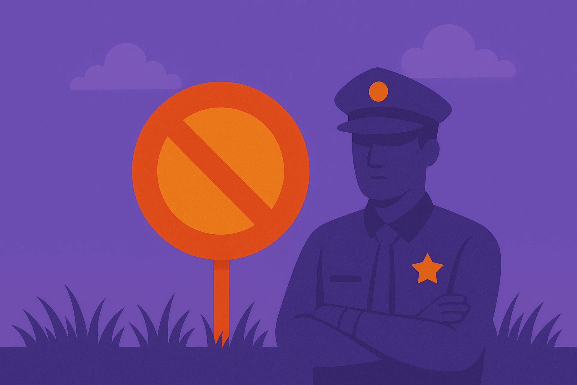 Illustration of a security guard standing with folded arms beside a large no-entry sign in purple grass, symbolizing blocked or restricted access to certain sweepstakes casinos.