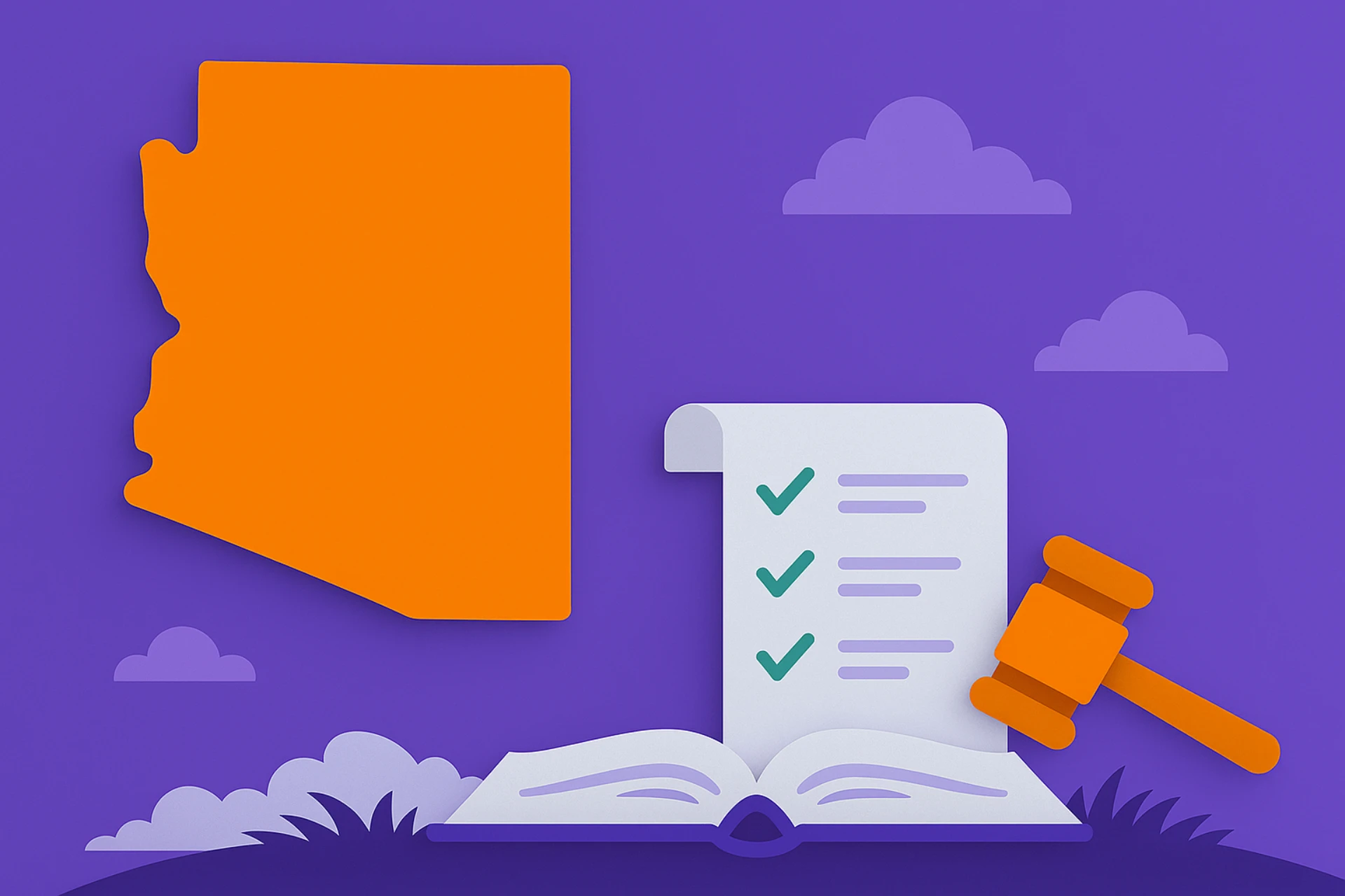 Illustration of an orange Arizona state outline above an open book, legal scroll checklist, and gavel, symbolizing sweepstakes casino laws in Arizona.
