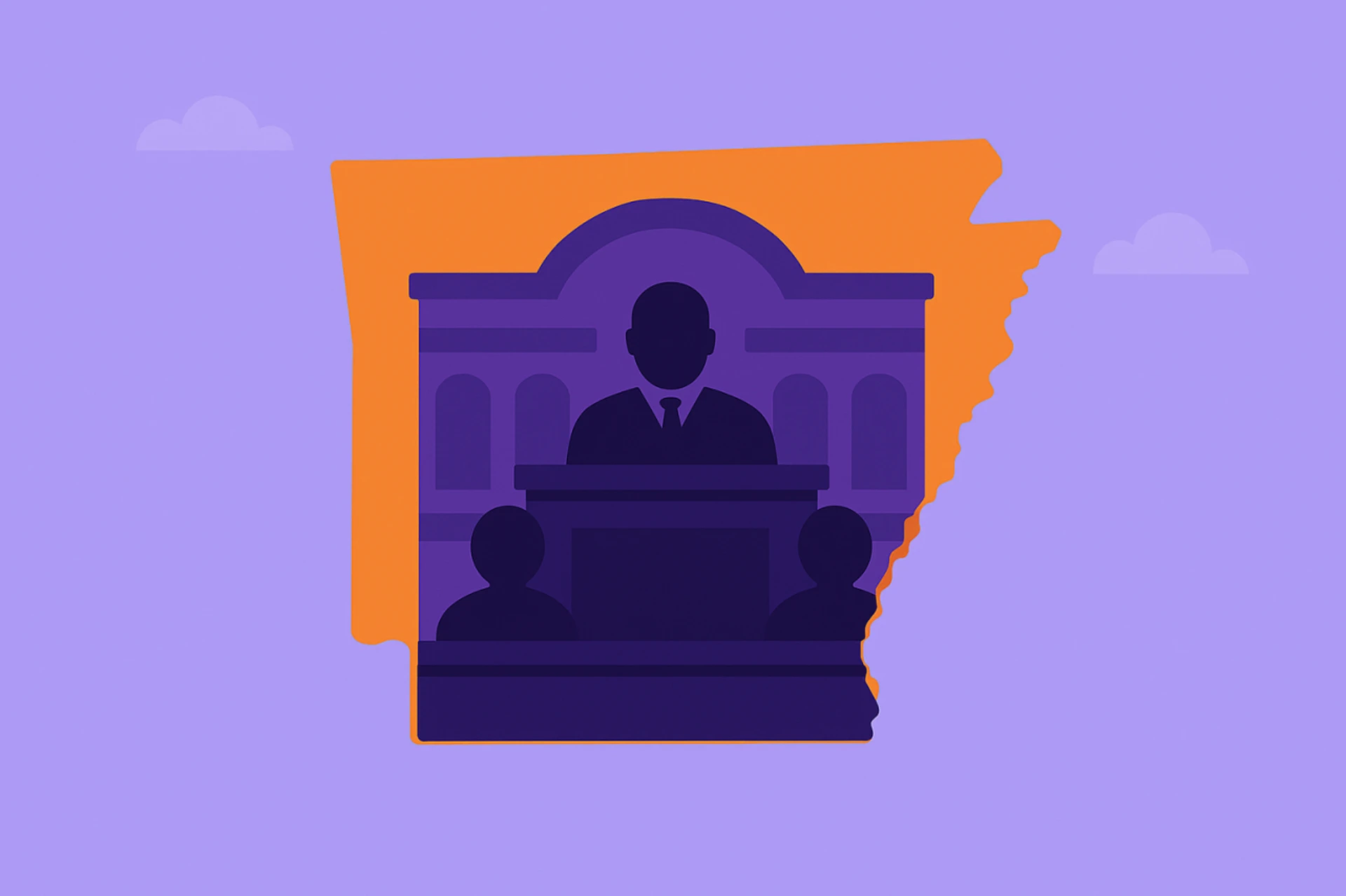 Illustration of a courthouse and judge silhouette over the outline of Arkansas, representing the legal status of sweepstakes casinos in the state.