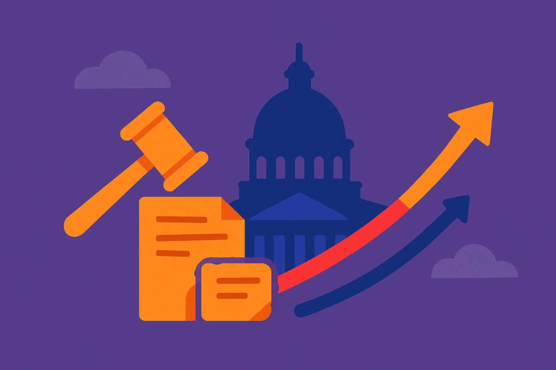 Illustration showing a state capitol building, gavel, legal documents, and upward trend arrows, representing the legislative outlook for sweepstakes casinos in Arkansas.