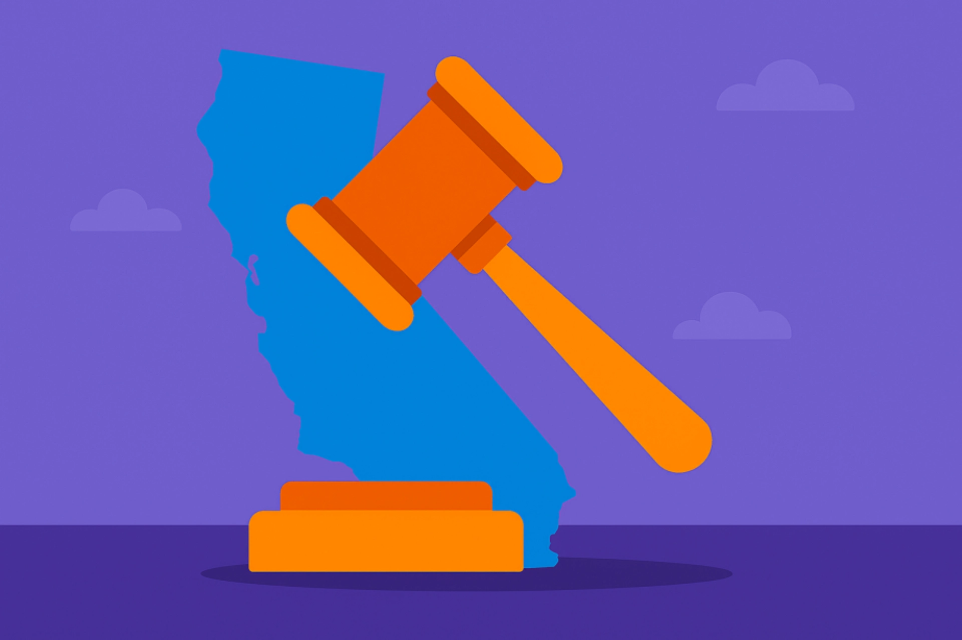 Illustration of a judge’s gavel over the state of California, symbolizing the laws and regulations that affect sweepstakes casinos in California.