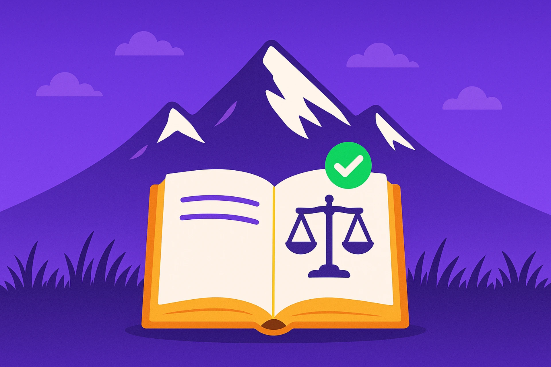 Purple 3D-style scene showing a snow-capped mountain behind an open rule book with a verification badge, representing safe and approved sweepstakes casinos.