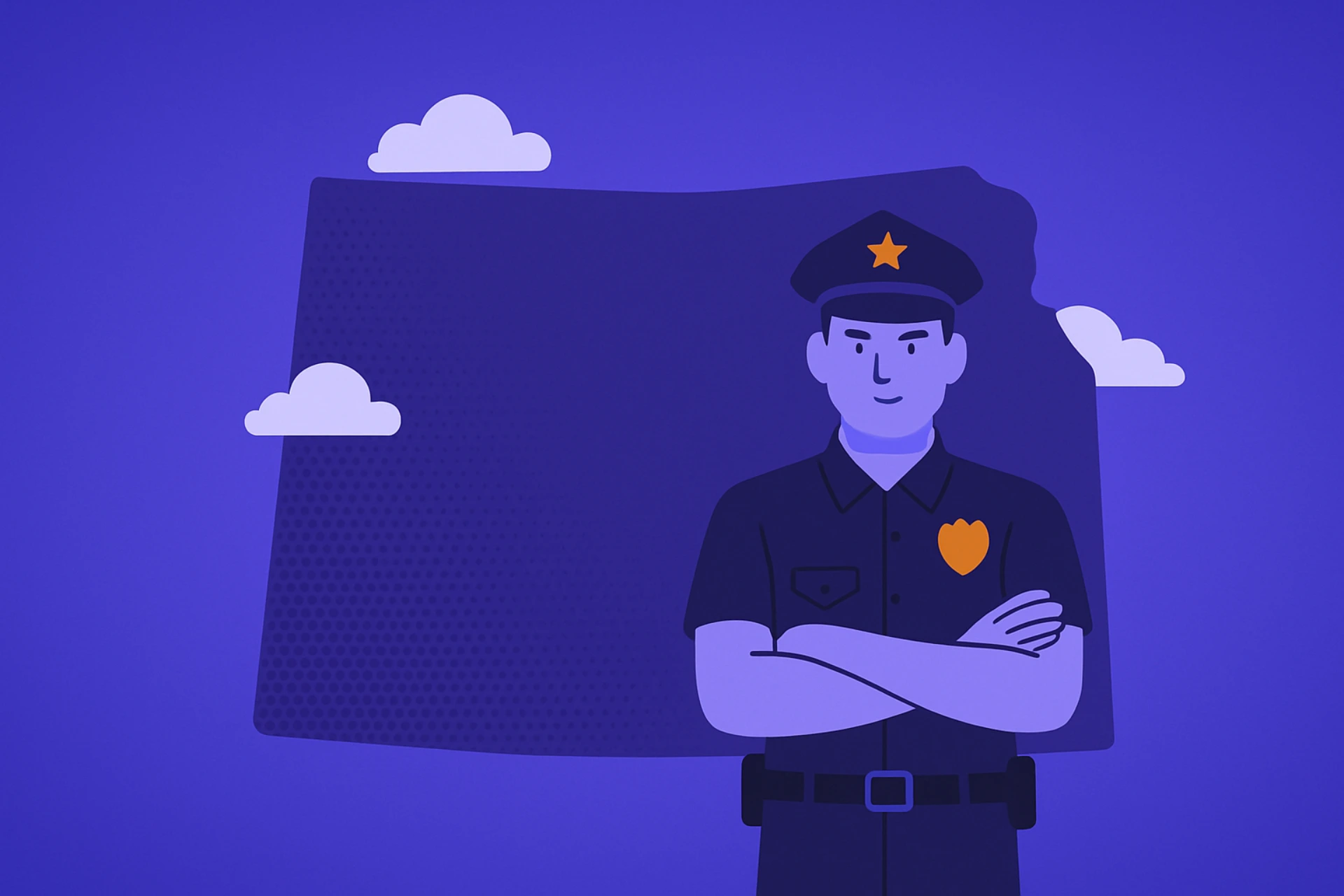 Purple 3D-style graphic showing a uniformed officer crossing his arms beside a Colorado map shape and soft clouds, representing regulation and oversight of CO sweepstakes casinos.