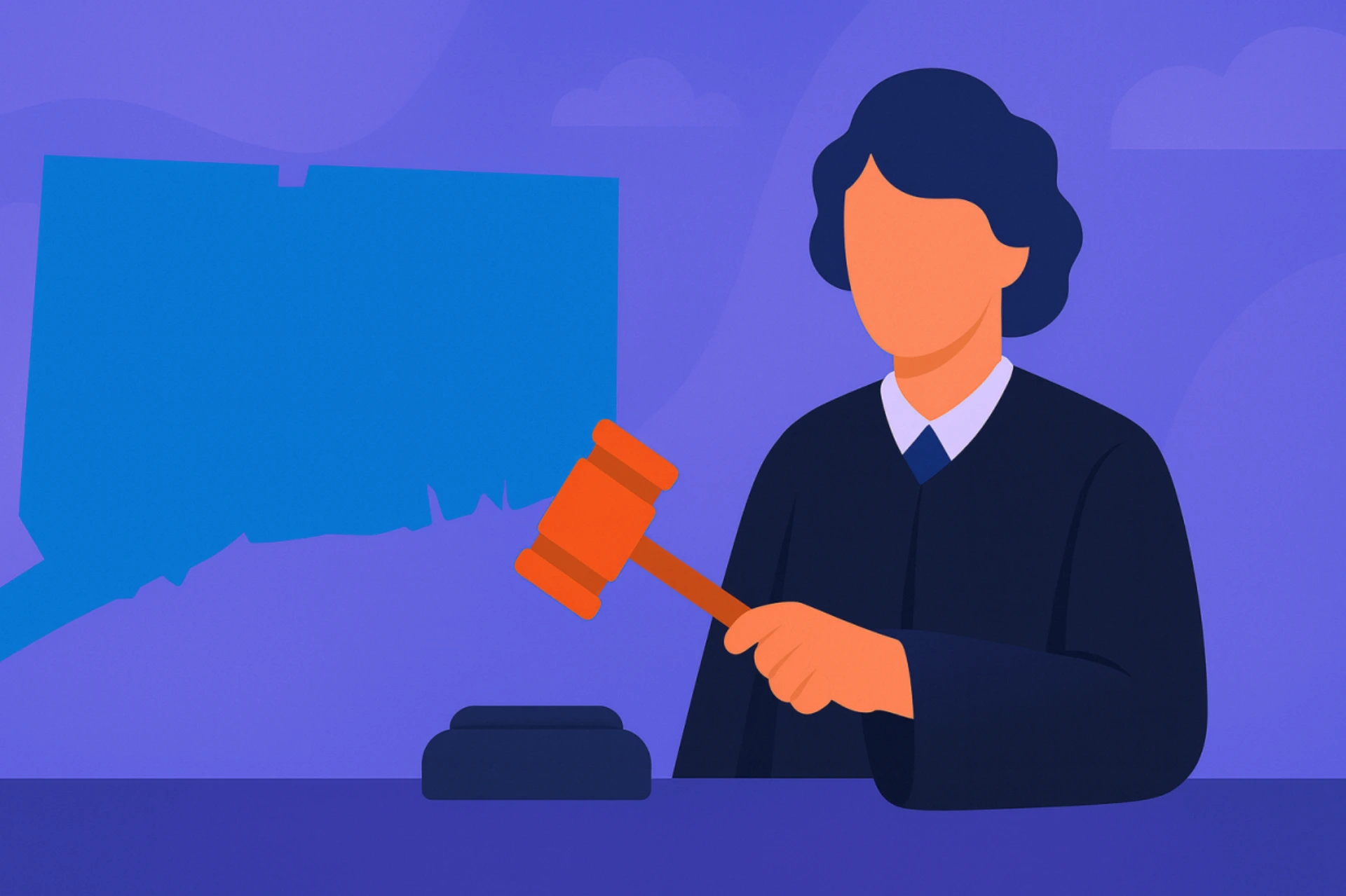Illustration of a judge with a gavel in front of an outline of the state of Connecticut, symbolizing the legality of sweepstakes casinos in Connecticut.