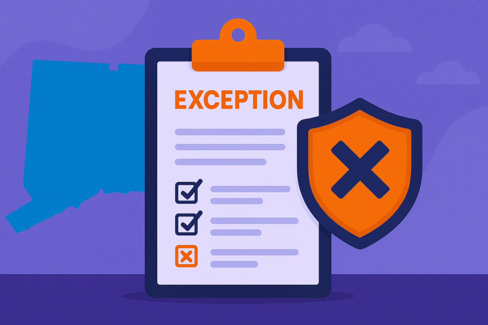 Illustration of Connecticut sweepstakes eligibility rules featuring a clipboard with checkmarks, an orange exception shield, and the blue silhouette of Connecticut in the background, symbolizing which organizations are permitted to run sweepstakes in the state.