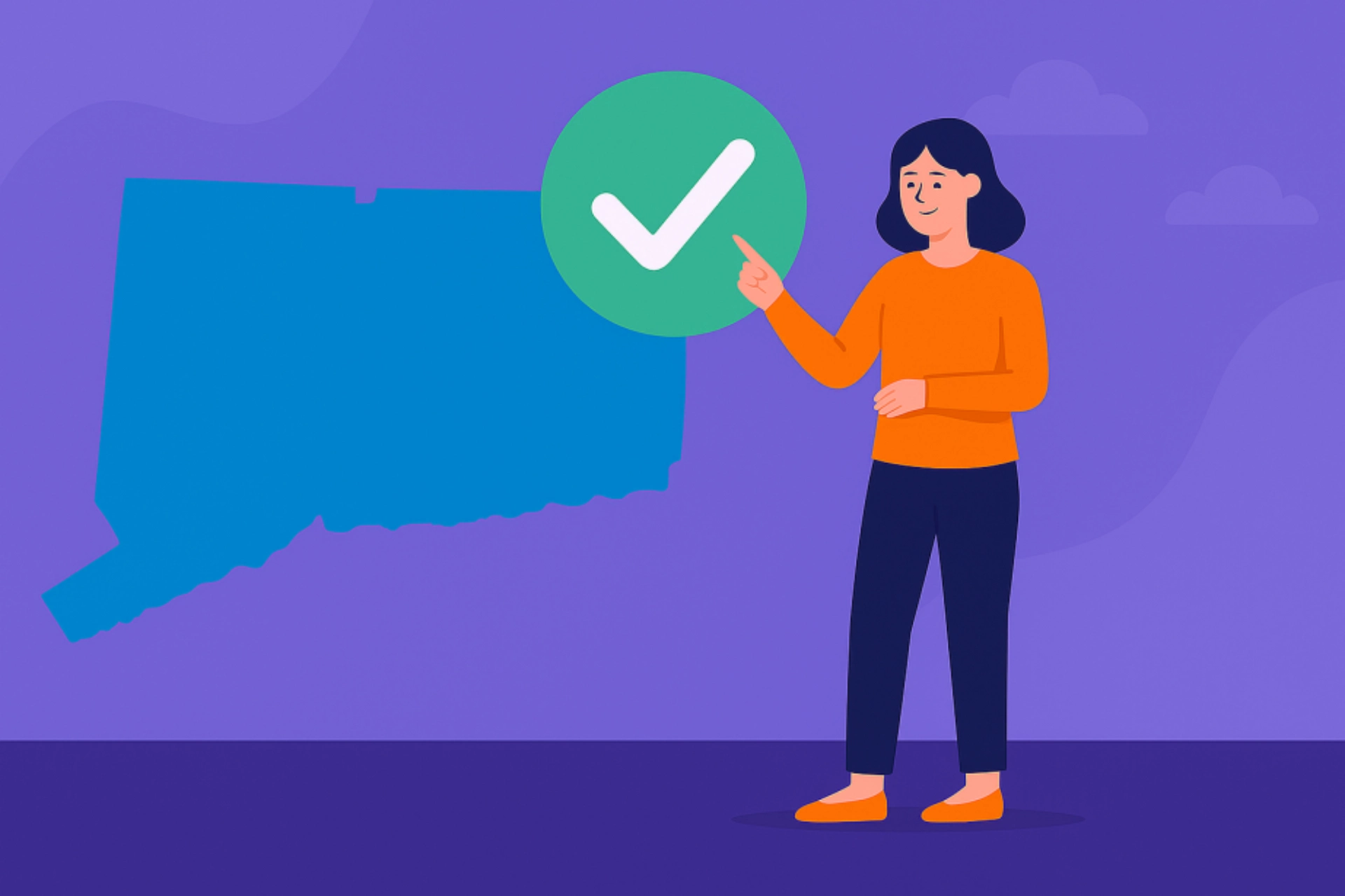 Illustration of a Connecticut sweepstakes player reviewing a checklist of guidelines, with a thumbs-up gesture and a Connecticut state outline in the background, symbolizing what players should know before participating.