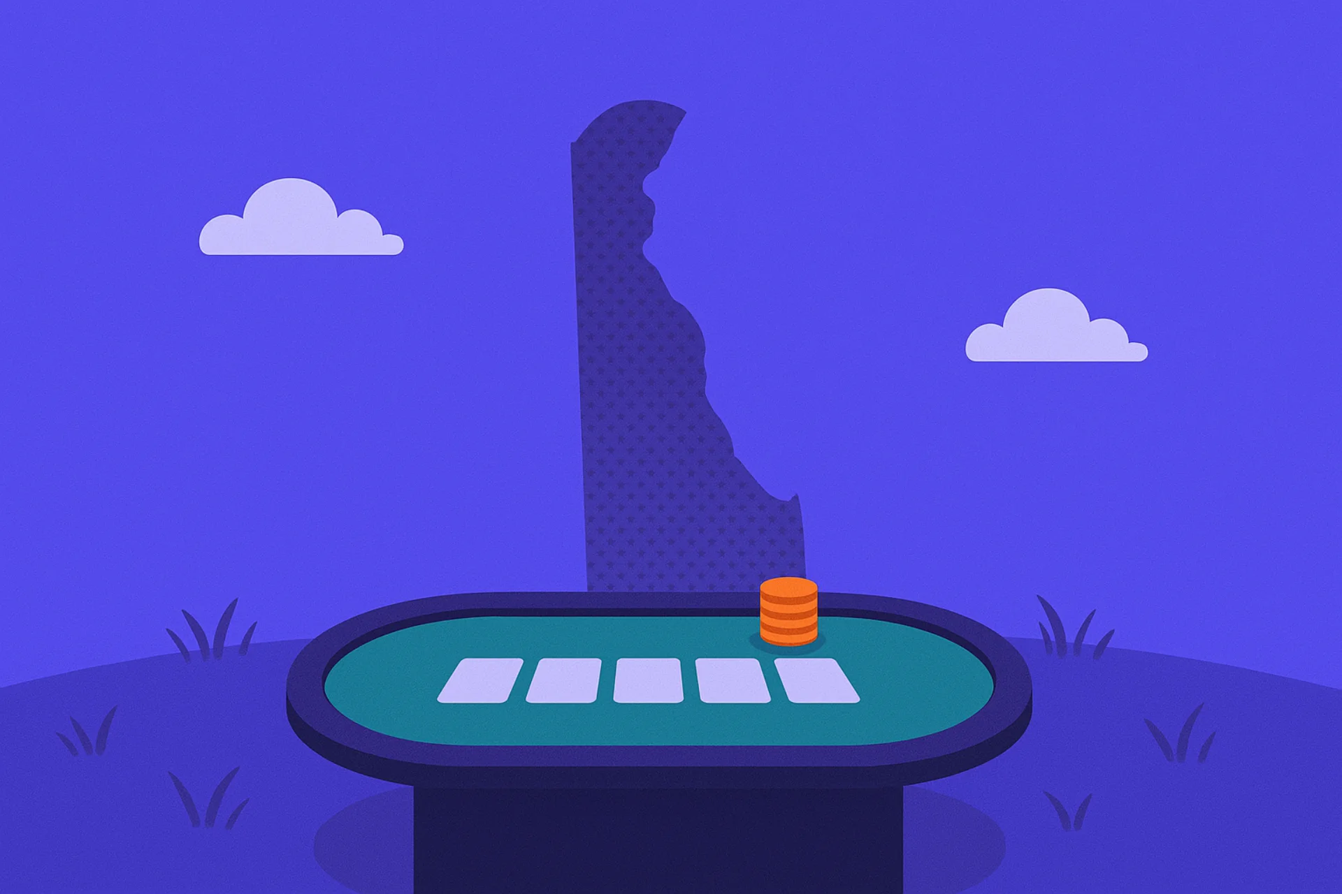 Illustration of a poker table with cards and orange chips in front of a large Delaware state silhouette, with clouds and grass, representing Delaware sweepstakes casinos.