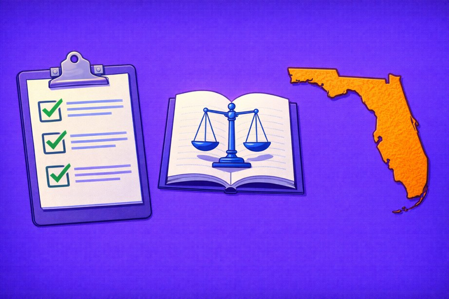 Digital illustration of Florida’s silhouette paired with a compliance checklist and an open legal book featuring balance scales, symbolizing sweepstakes casino rules in Florida.