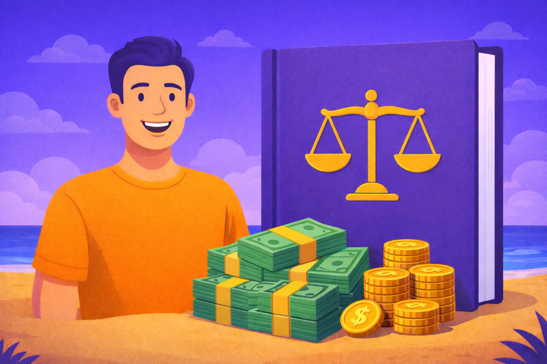 Cartoon-style scene of a cheerful player on a beach with a legal rule book and stacks of money, depicting compliant sweepstakes casinos that pay out real prizes.