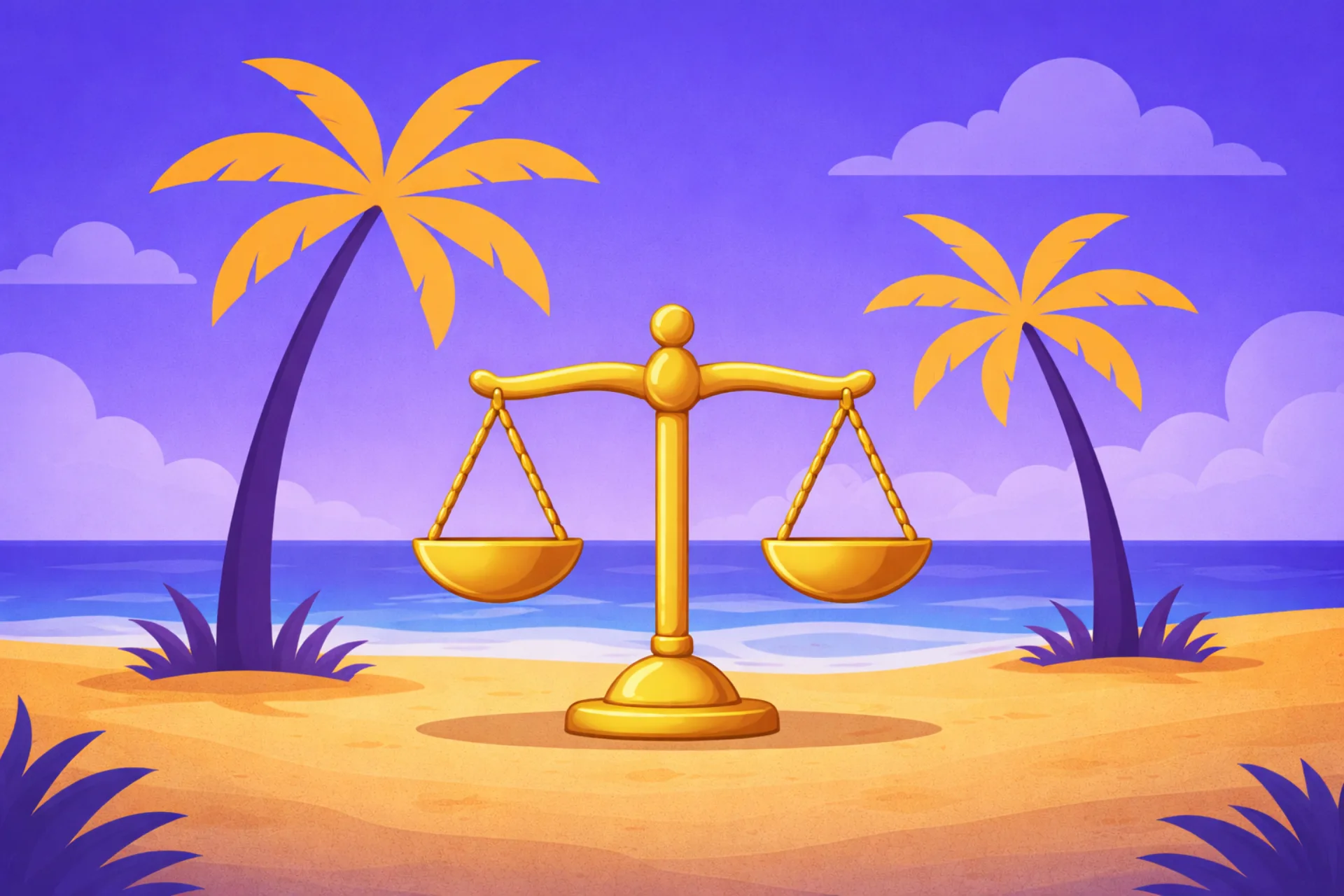 Illustration of a golden balance scale standing on a sandy beach between two orange palm trees, symbolizing fair and balanced rules for tropical-style sweepstakes casinos.
