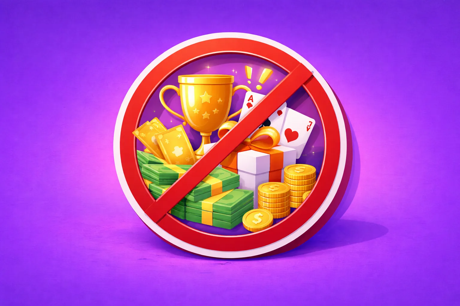 Round red no-entry sign containing money, gift, and trophy icons crossed out, representing restrictions on using real-money gambling or paid prizes in sweepstakes casinos.