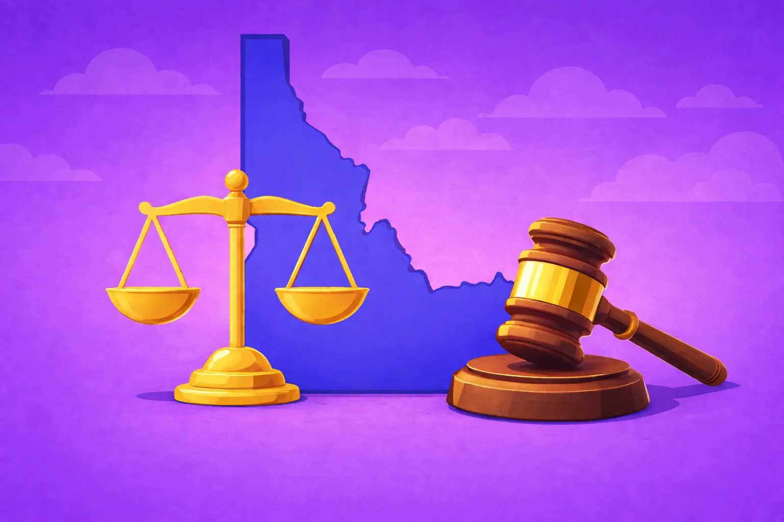 Illustration of a golden balance scale and judge’s gavel in front of a blue Idaho state outline on a purple background, symbolizing Idaho sweepstakes casino laws and regulations.