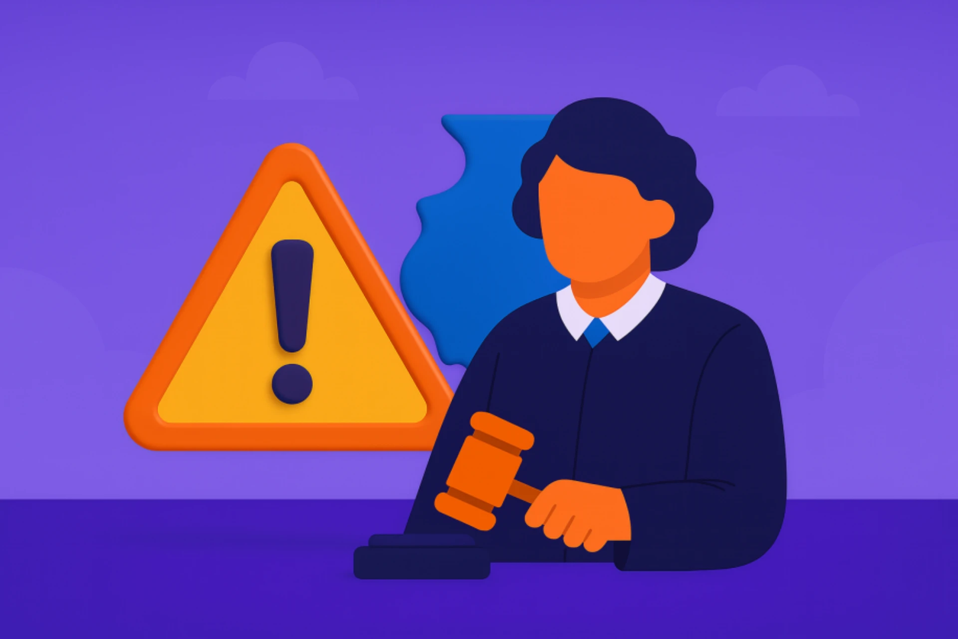 Illustration of a judge with a gavel beside the Illinois state outline, representing the legality of sweepstakes casinos in Illinois.