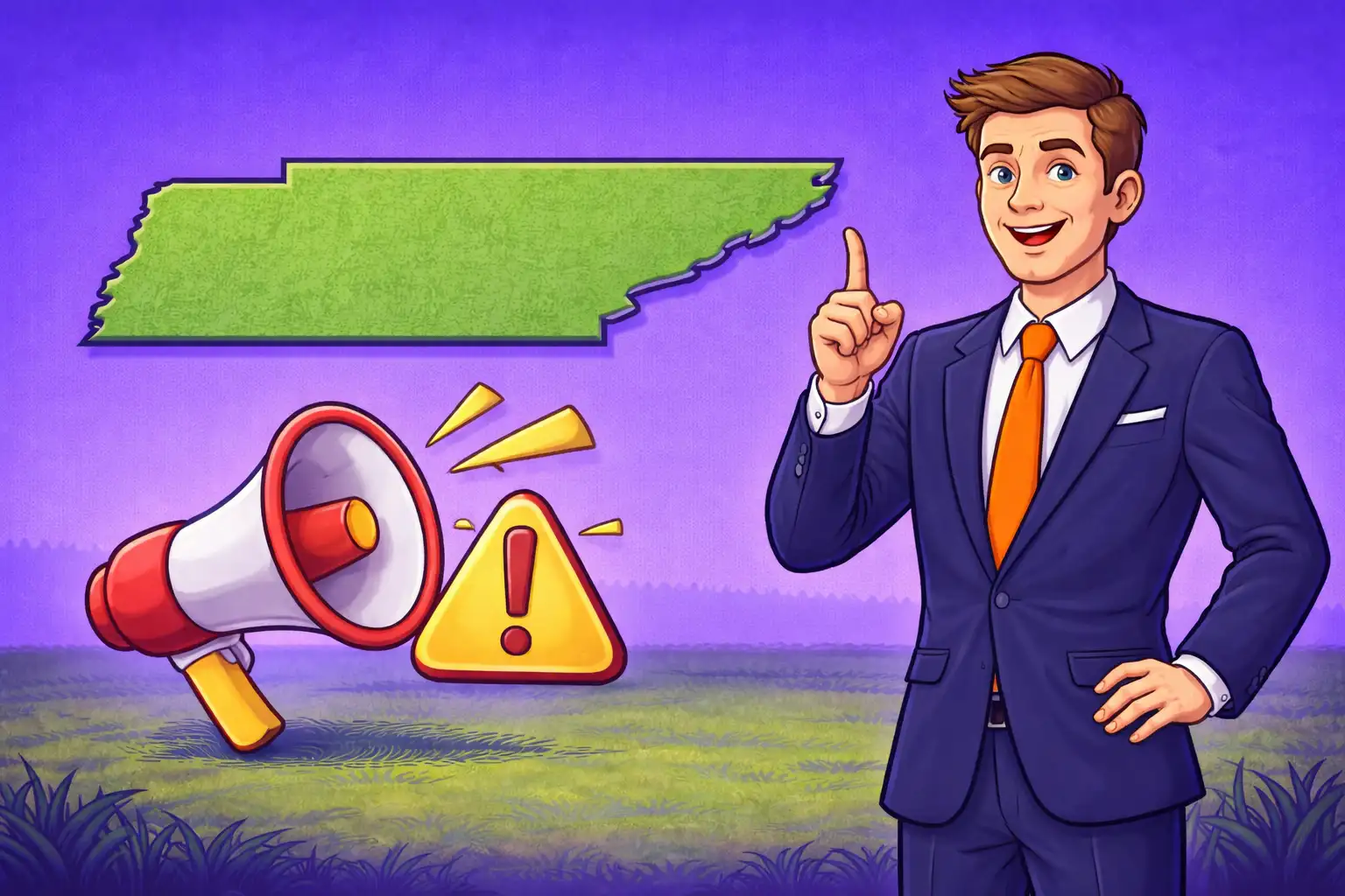 Illustration of a smiling man in a suit beside the Tennessee state outline, with a megaphone and warning symbol on a purple background, representing what matters for Tennessee sweepstakes players.